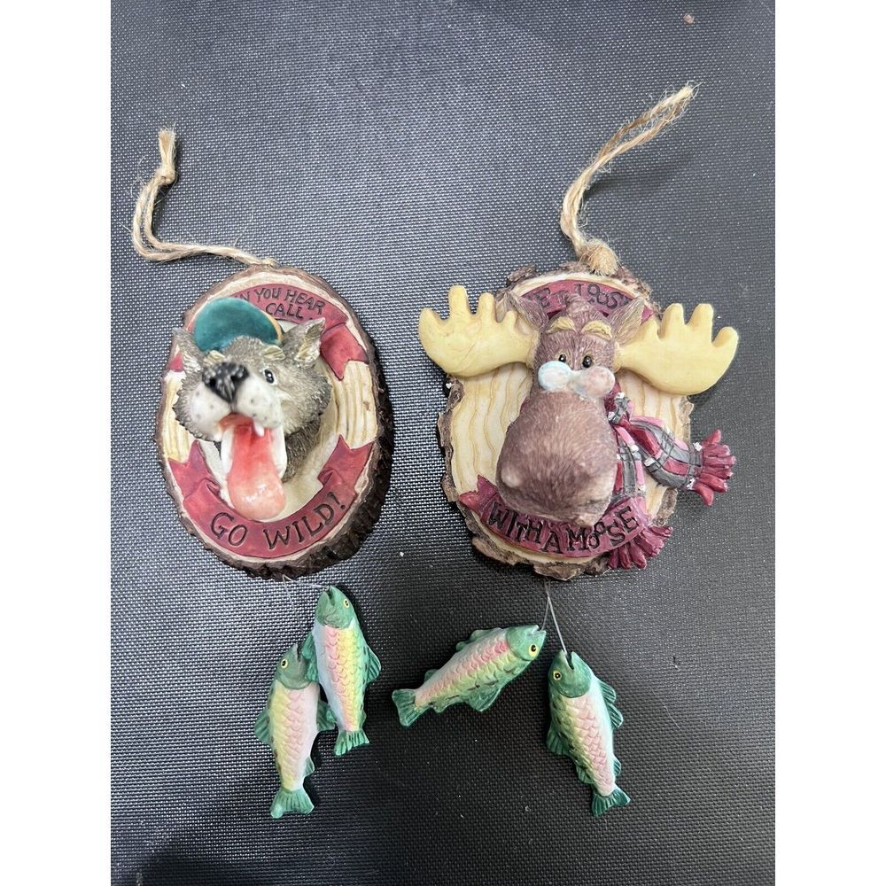 2 Vintage 1995 Moose Creek Crossing Enesco Hanging Ornaments‎ Wolf & Moose